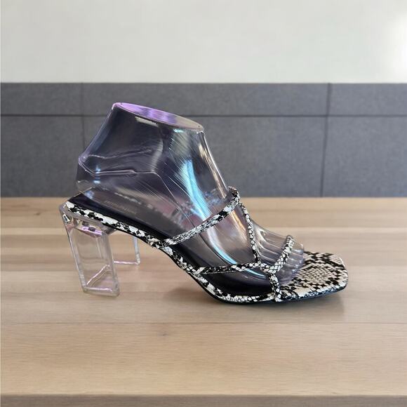Pretty little think acrylic heel shoes sandals black and white snake skin size 7 - Picture 1 of 10